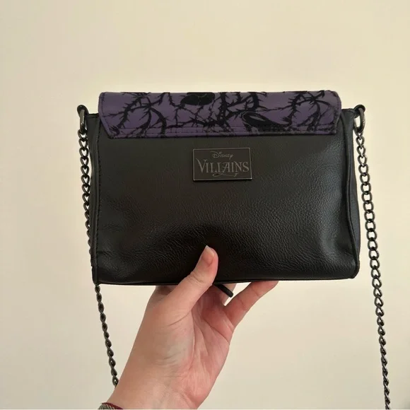 Loungefly Disney Villains Flocked Crossbody Metal Chain Purse Bag Purple Black - Picture 2 of 15